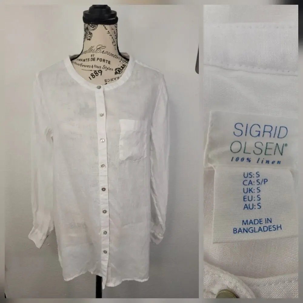 Sigrid Olsen Shirt Womens SZ S 100% Linen Relax White Button-Up Pockets Coastal